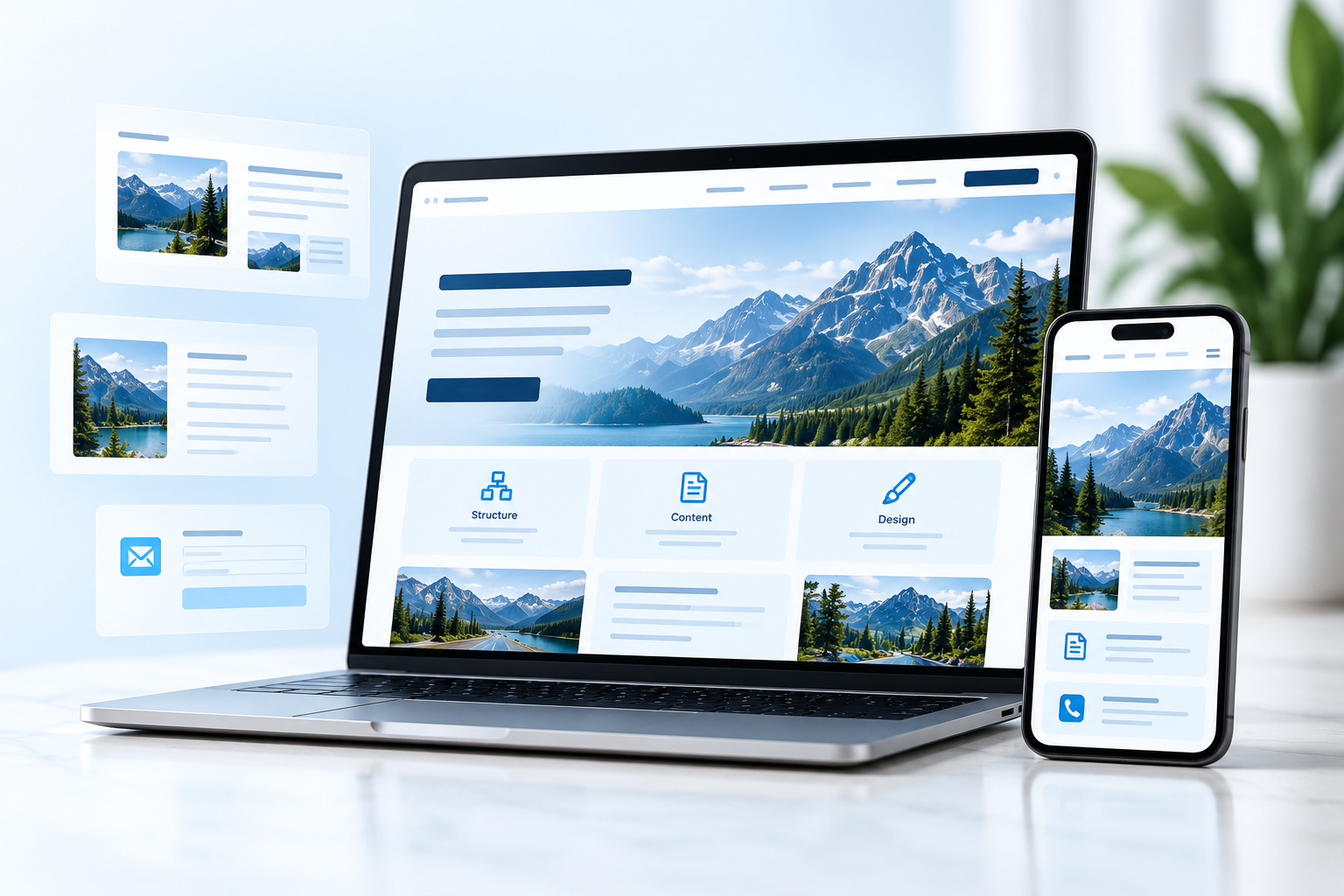 Coordinated website pages, mobile layout and content elements.